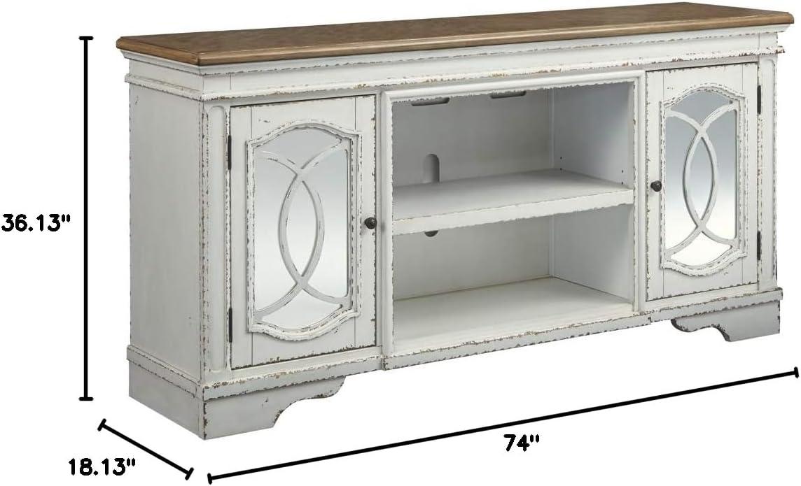 imageSignature Design by Ashley Realyn Vintage Casual TV Stand with Electric Fireplace Heats Larger Rooms Bronze Hardware Wood 74 Wide White amp BrownXL TV Stand