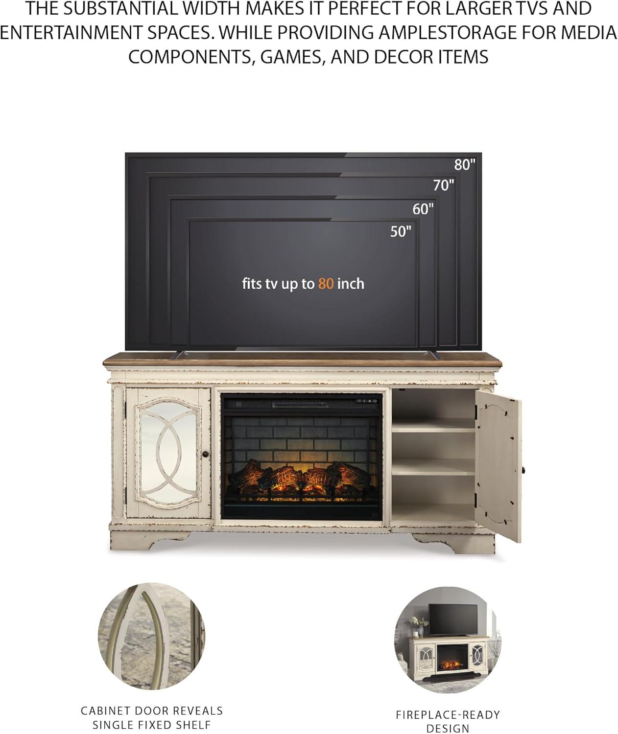 imageSignature Design by Ashley Realyn Vintage Casual TV Stand with Electric Fireplace Heats Larger Rooms Bronze Hardware Wood 74 Wide White amp BrownXL TV Stand