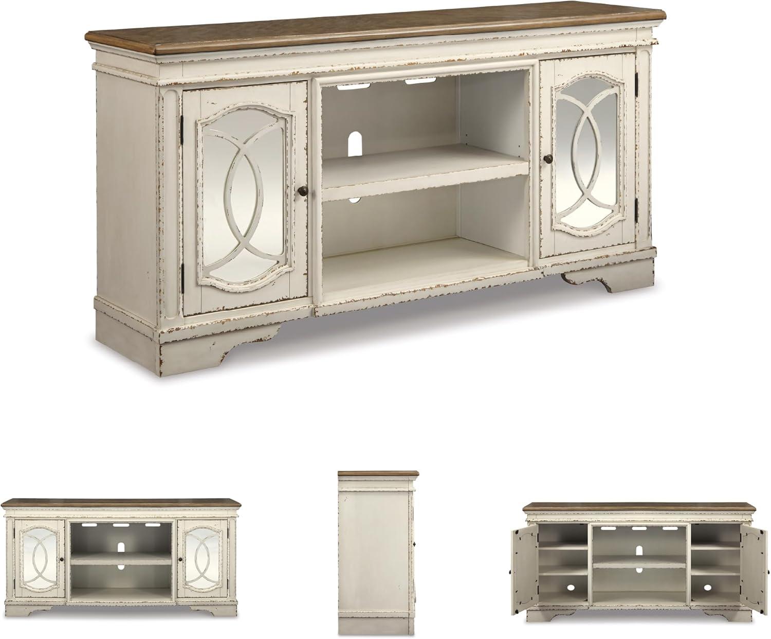 imageSignature Design by Ashley Realyn Vintage Casual TV Stand with Electric Fireplace Heats Larger Rooms Bronze Hardware Wood 74 Wide White amp BrownXL TV Stand