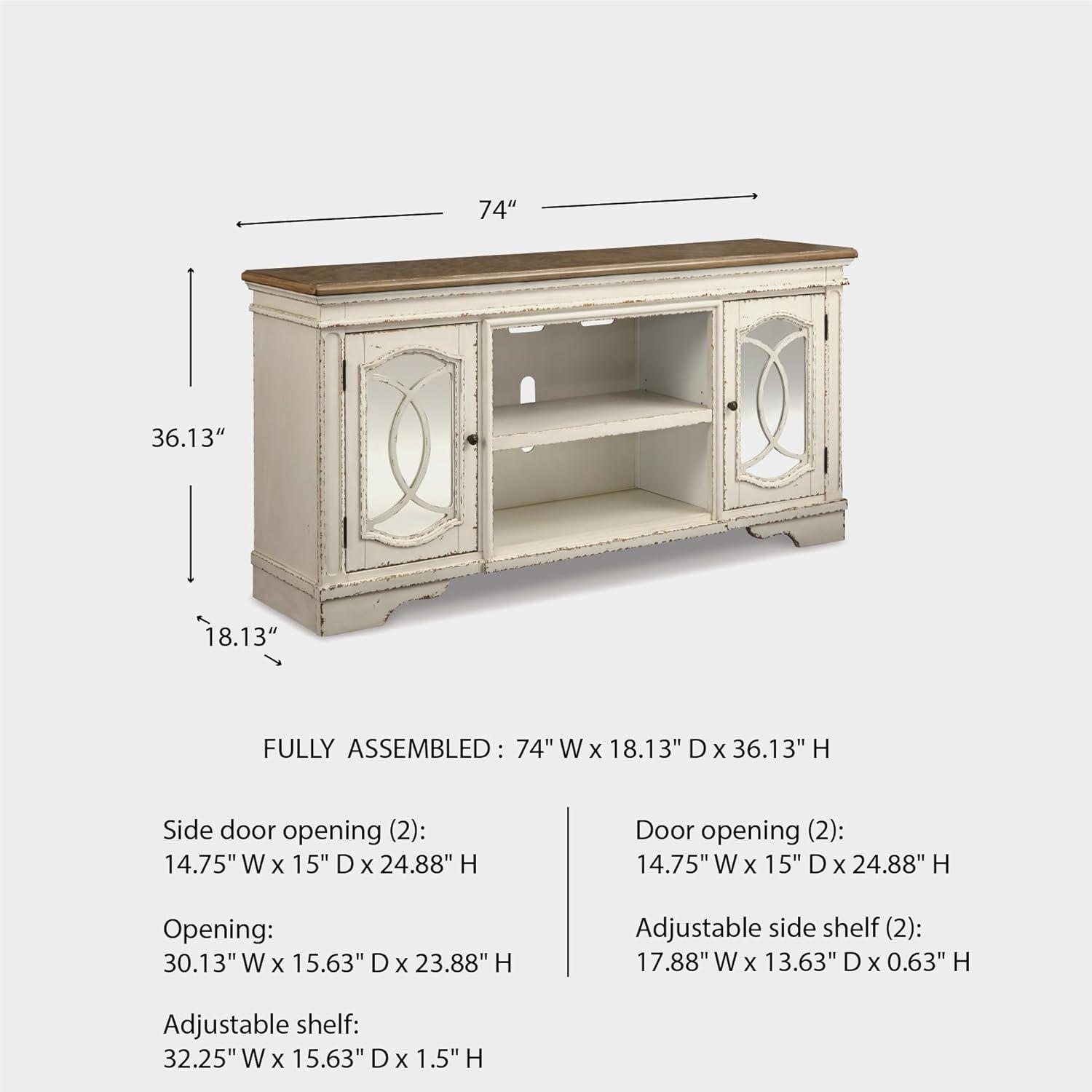 imageSignature Design by Ashley Realyn Vintage Casual TV Stand with Electric Fireplace Heats Larger Rooms Bronze Hardware Wood 74 Wide White amp BrownXL TV Stand