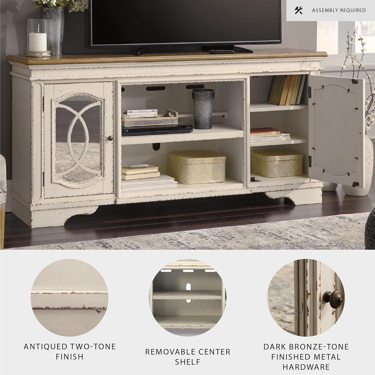 imageSignature Design by Ashley Realyn Vintage Casual TV Stand with Electric Fireplace Heats Larger Rooms Bronze Hardware Wood 74 Wide White amp BrownXL TV Stand