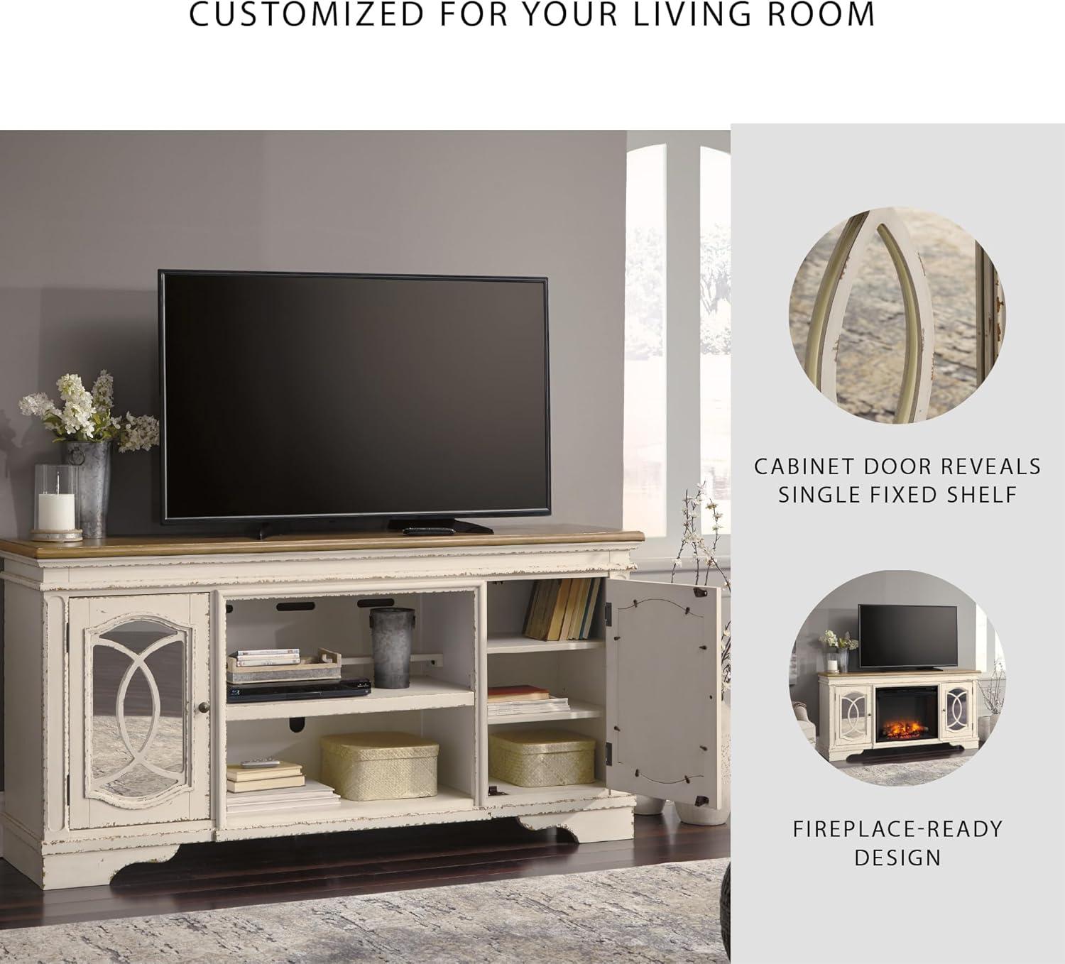 imageSignature Design by Ashley Realyn Vintage Casual TV Stand with Electric Fireplace Heats Larger Rooms Bronze Hardware Wood 74 Wide White amp BrownXL TV Stand