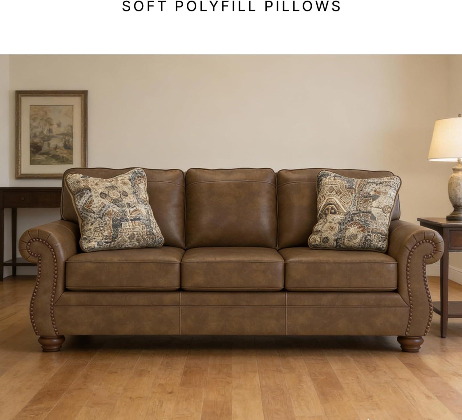 imageSignature Design by Ashley Shadsburne Rustic Faux Leather Sofa Sleeper with BiFold Memory Foam Mattress Nailhead Trim and 2 Throw Pillows Queen BrownBrown