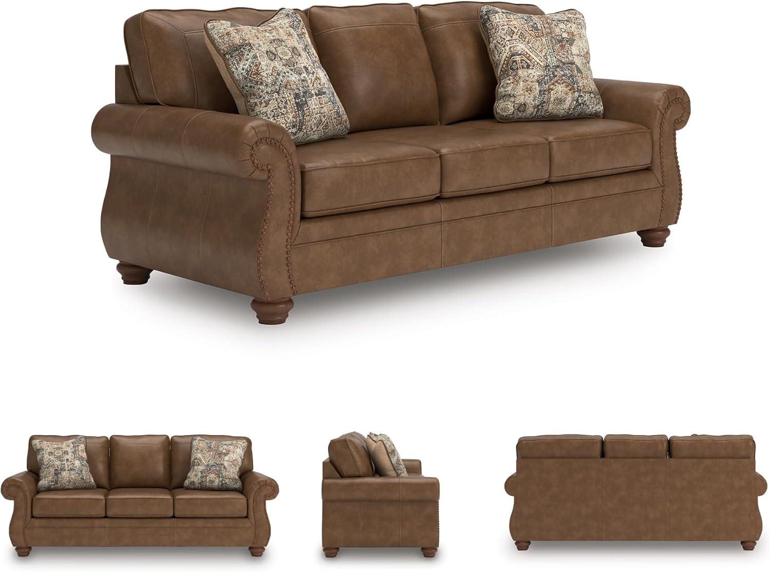 imageSignature Design by Ashley Shadsburne Rustic Faux Leather Sofa Sleeper with BiFold Memory Foam Mattress Nailhead Trim and 2 Throw Pillows Queen BrownBrown