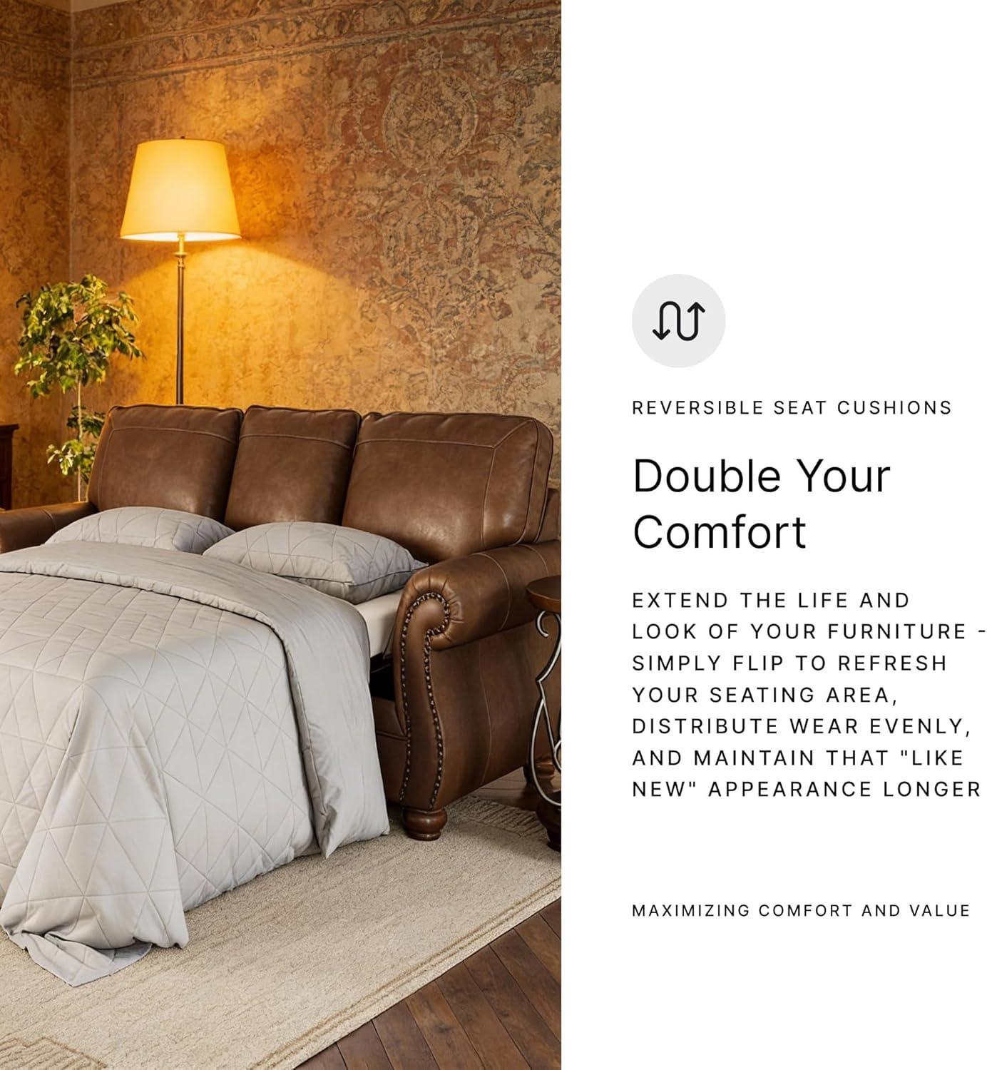 imageSignature Design by Ashley Shadsburne Rustic Faux Leather Sofa Sleeper with BiFold Memory Foam Mattress Nailhead Trim and 2 Throw Pillows Queen BrownBrown