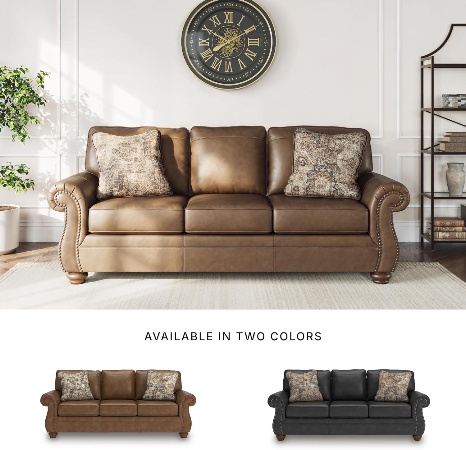 imageSignature Design by Ashley Shadsburne Rustic Faux Leather Sofa Sleeper with BiFold Memory Foam Mattress Nailhead Trim and 2 Throw Pillows Queen BrownBrown