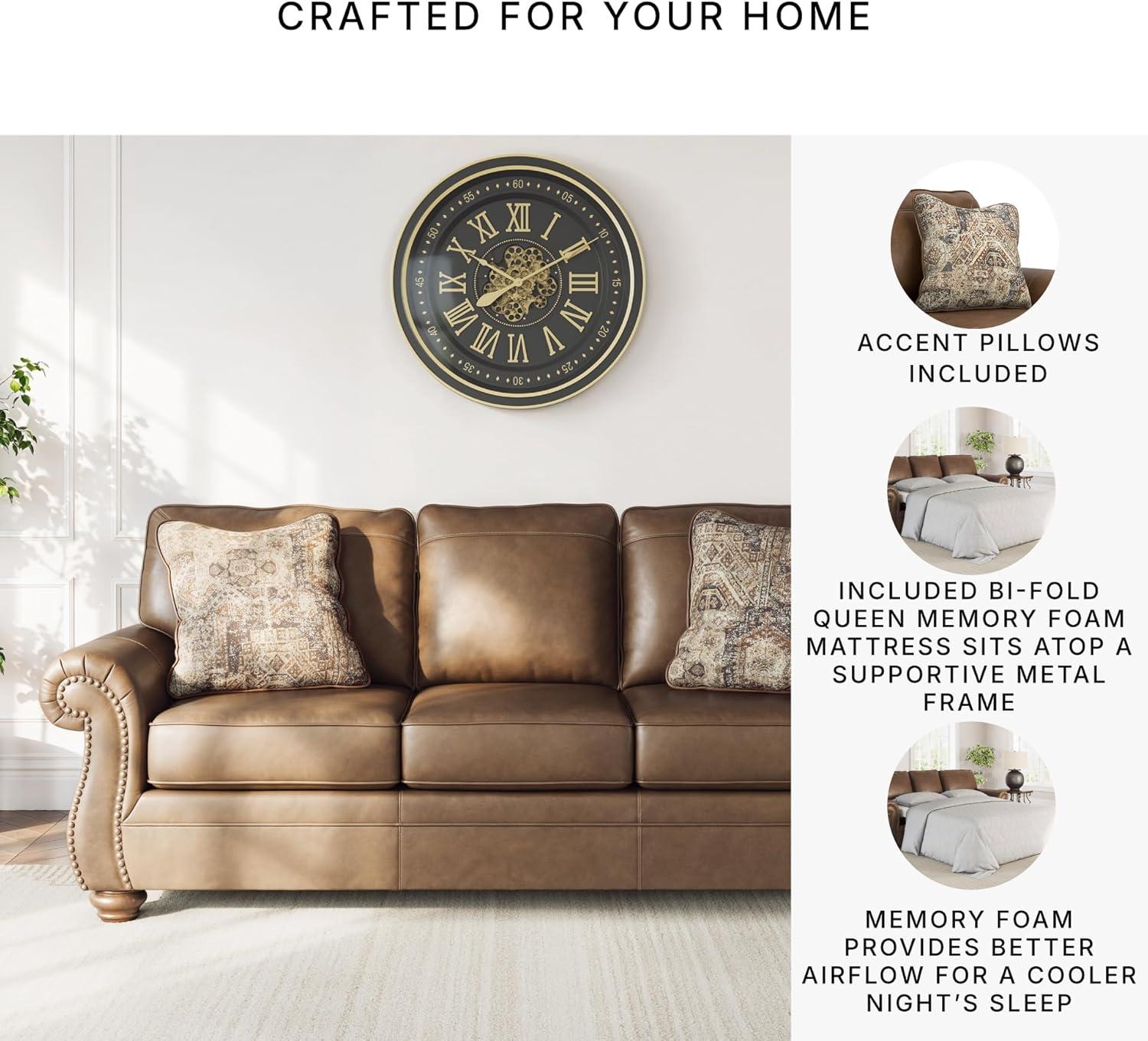 imageSignature Design by Ashley Shadsburne Rustic Faux Leather Sofa Sleeper with BiFold Memory Foam Mattress Nailhead Trim and 2 Throw Pillows Queen BrownBrown