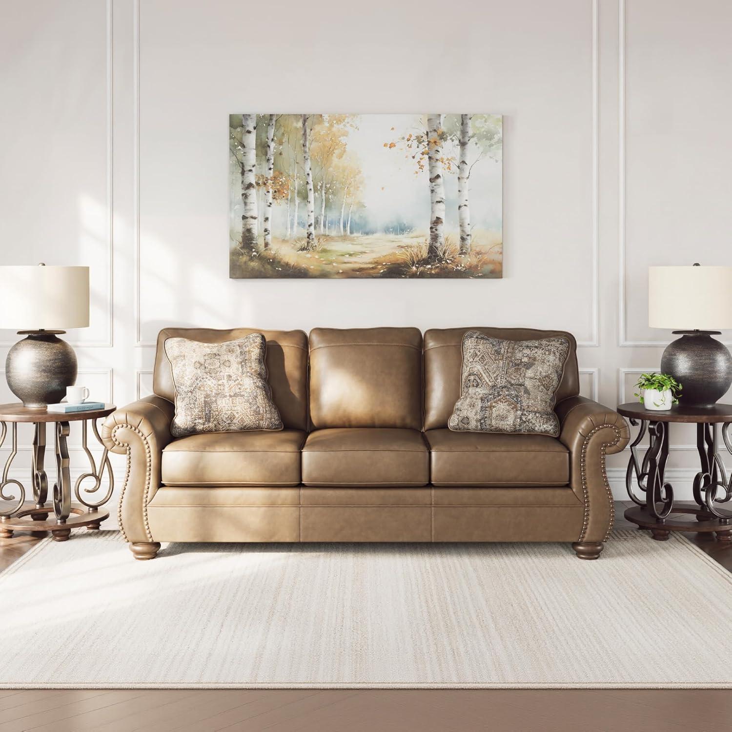 imageSignature Design by Ashley Shadsburne Rustic Faux Leather Sofa Sleeper with BiFold Memory Foam Mattress Nailhead Trim and 2 Throw Pillows Queen BrownBrown