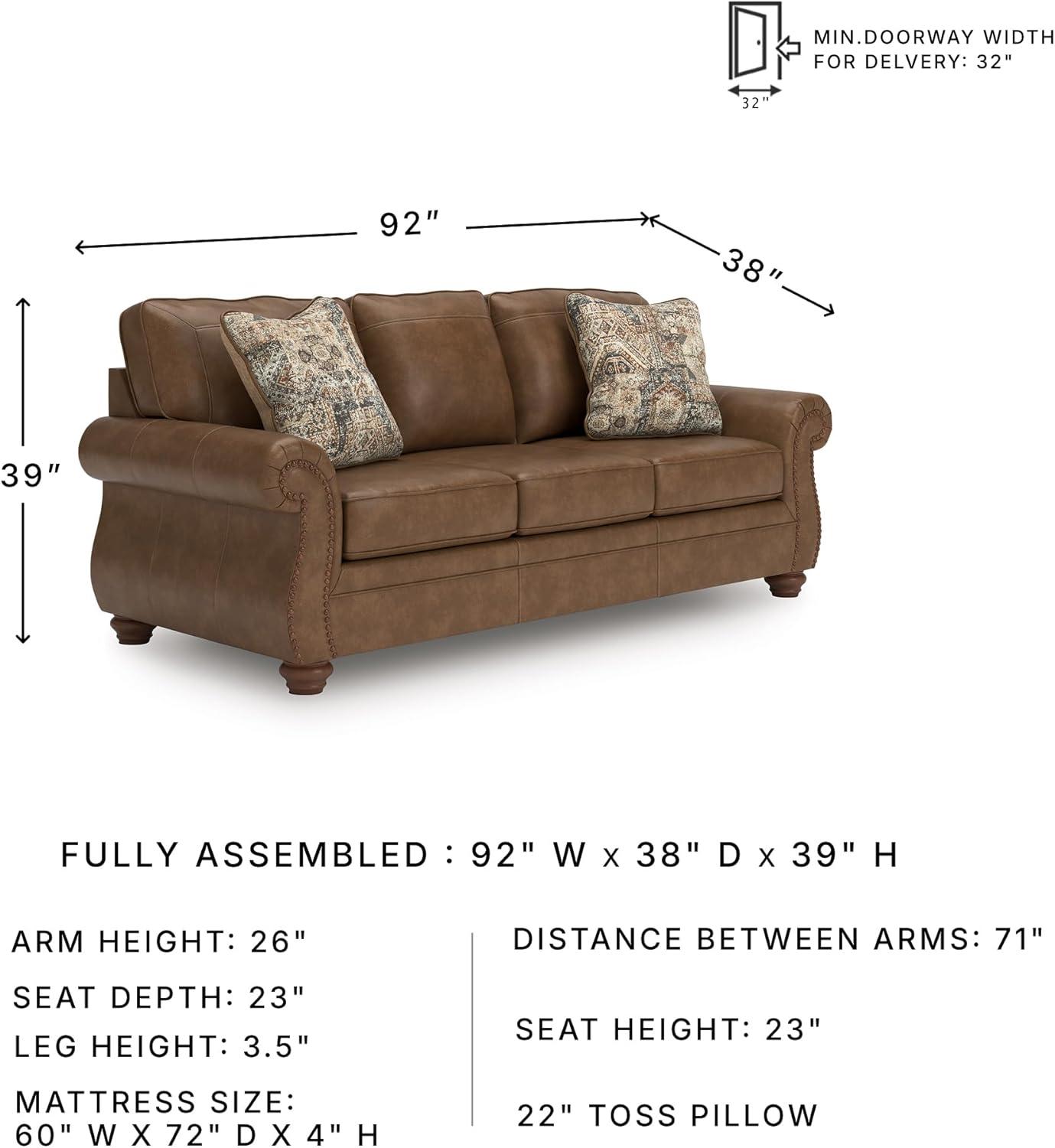 imageSignature Design by Ashley Shadsburne Rustic Faux Leather Sofa Sleeper with BiFold Memory Foam Mattress Nailhead Trim and 2 Throw Pillows Queen BrownBrown