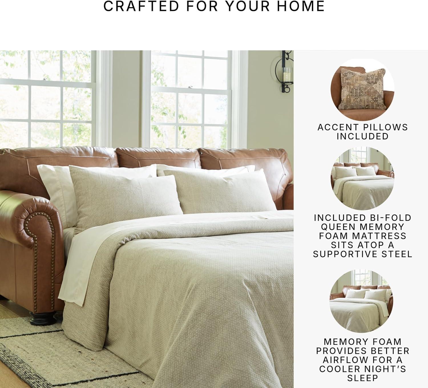 imageSignature Design by Ashley Shadsburne Rustic Faux Leather Sofa Sleeper with BiFold Memory Foam Mattress Nailhead Trim and 2 Throw Pillows Queen BrownDark Brown