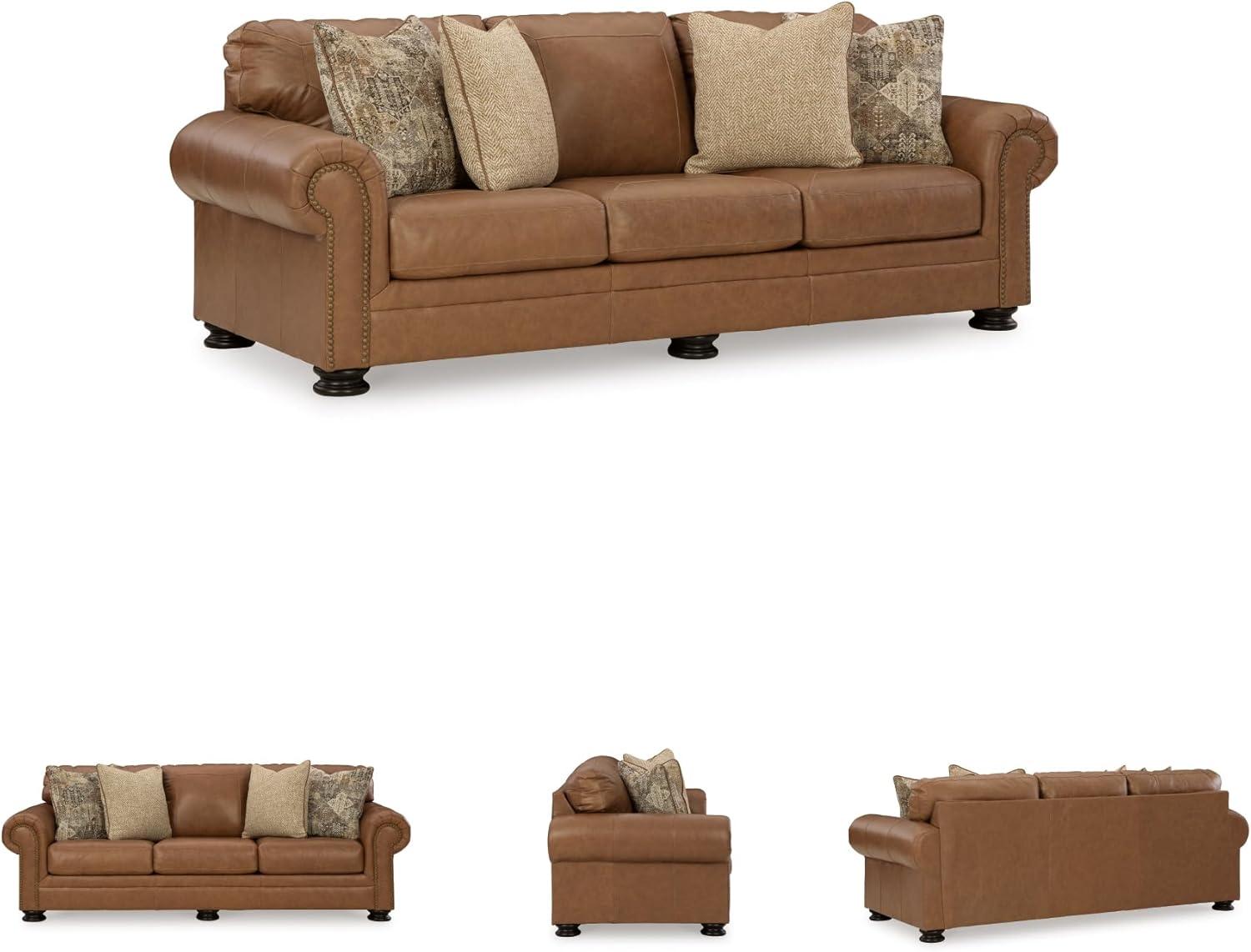 imageSignature Design by Ashley Shadsburne Rustic Faux Leather Sofa Sleeper with BiFold Memory Foam Mattress Nailhead Trim and 2 Throw Pillows Queen BrownDark Brown