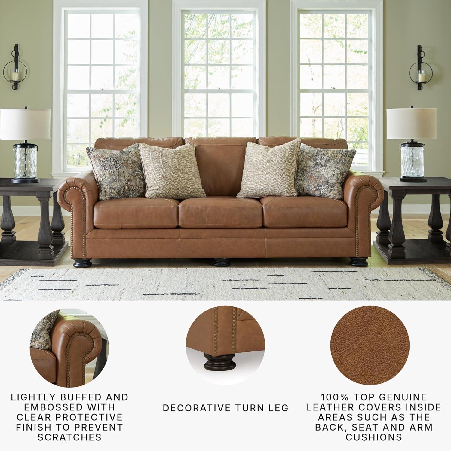 imageSignature Design by Ashley Shadsburne Rustic Faux Leather Sofa Sleeper with BiFold Memory Foam Mattress Nailhead Trim and 2 Throw Pillows Queen BrownDark Brown