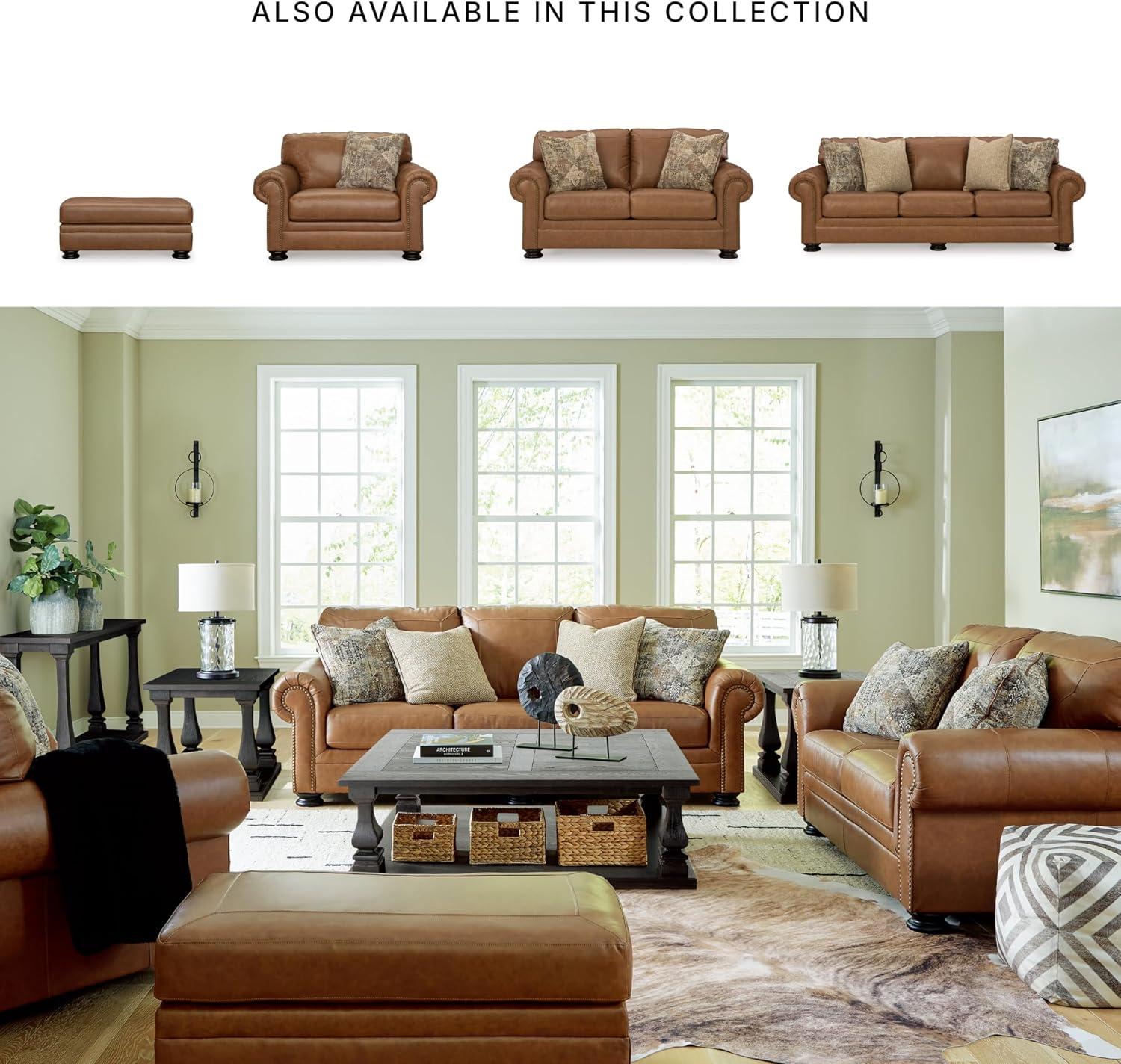 imageSignature Design by Ashley Shadsburne Rustic Faux Leather Sofa Sleeper with BiFold Memory Foam Mattress Nailhead Trim and 2 Throw Pillows Queen BrownDark Brown
