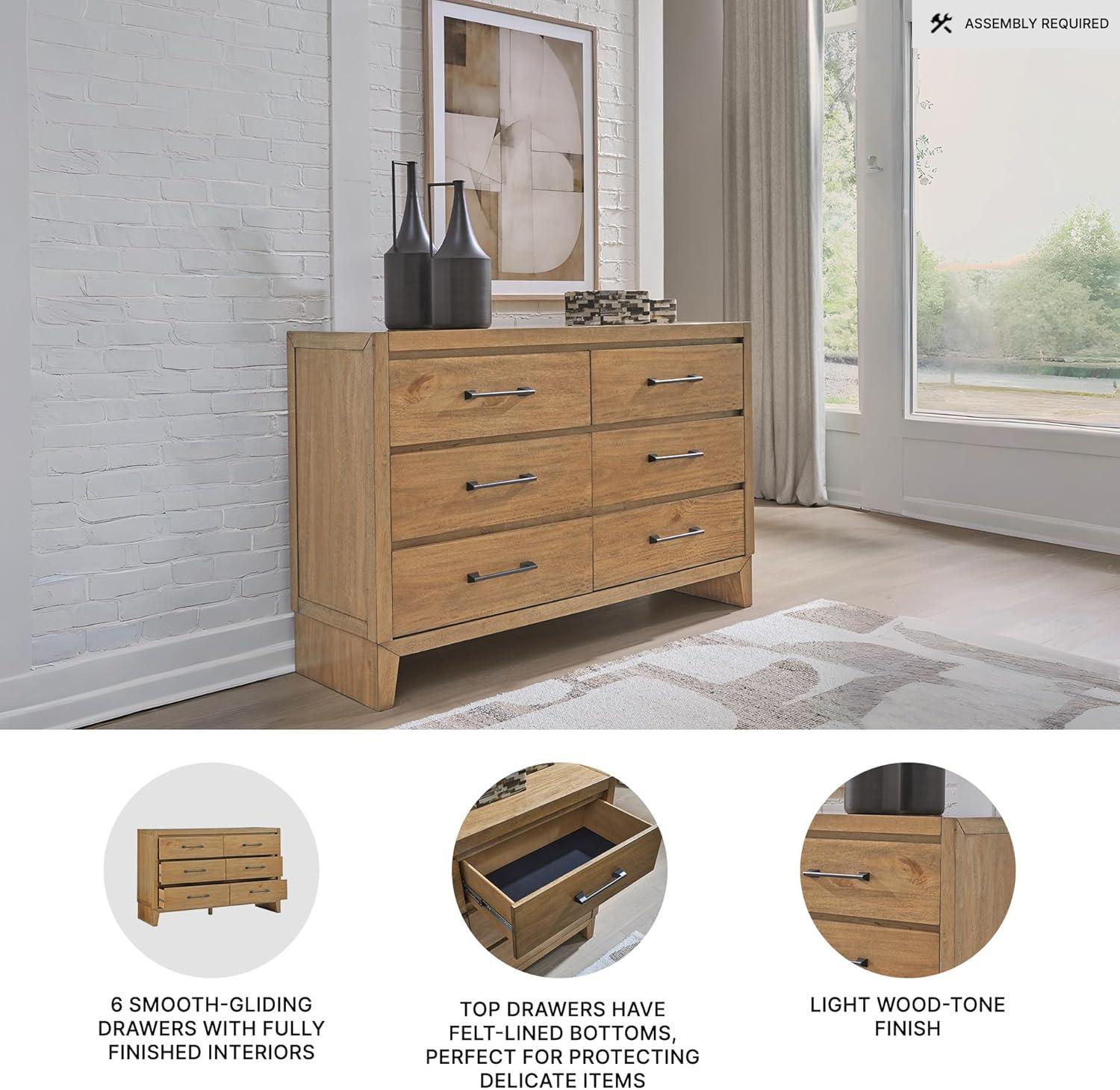 imageSignature Design by Ashley Sherbana Casual 6Drawer Dresser with Safety Stop and FeltLined Top Drawers Light BrownDresser