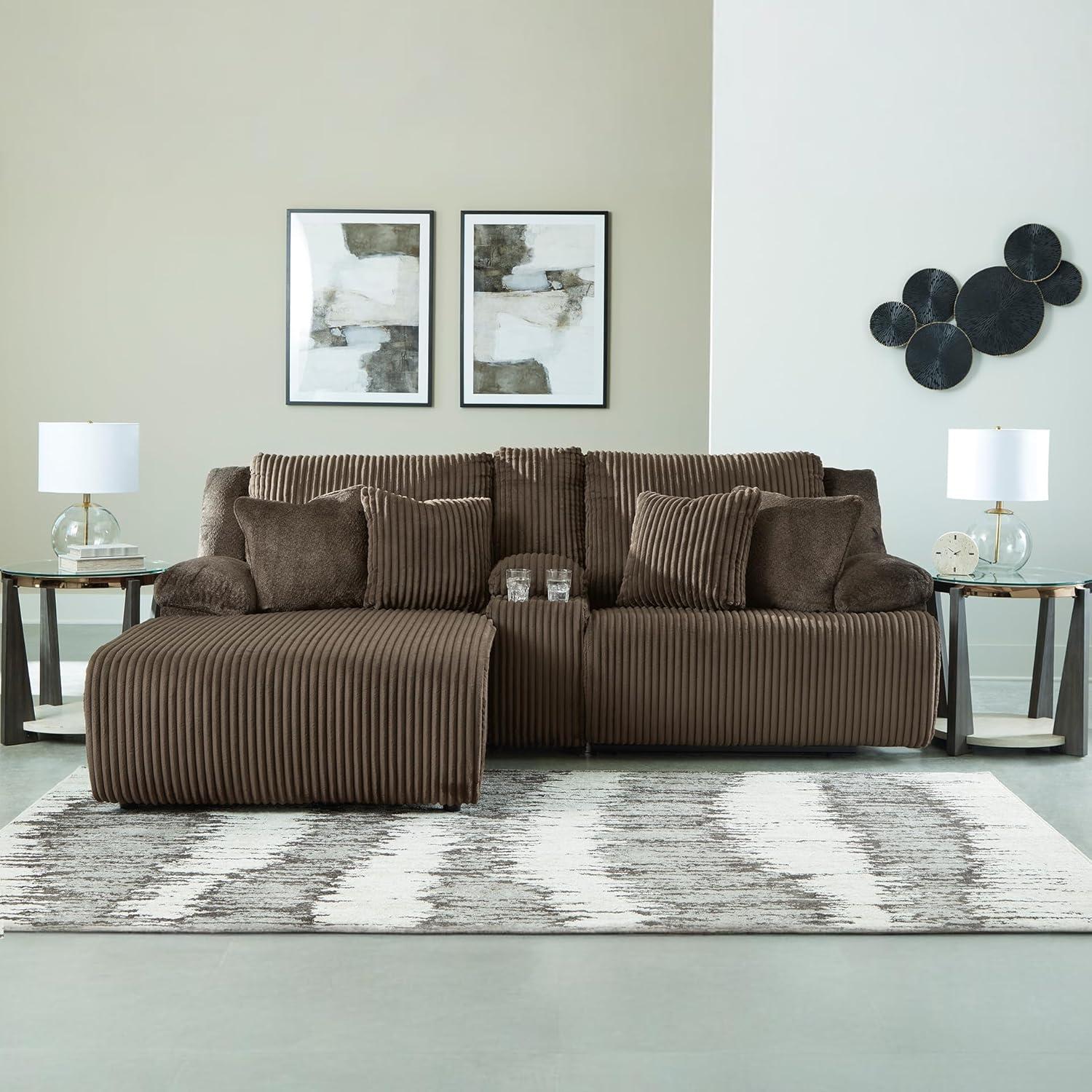 imageSignature Design by Ashley Top Tier Casual 3Piece Reclining Sectional Sofa with Chaise Console and Cup Holders Dark BrownDark Brown