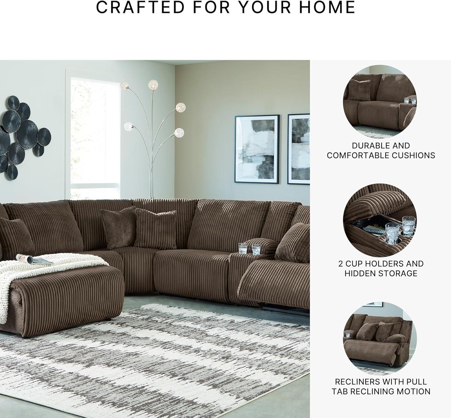 imageSignature Design by Ashley Top Tier Casual 3Piece Reclining Sectional Sofa with Chaise Console and Cup Holders Dark BrownWhite