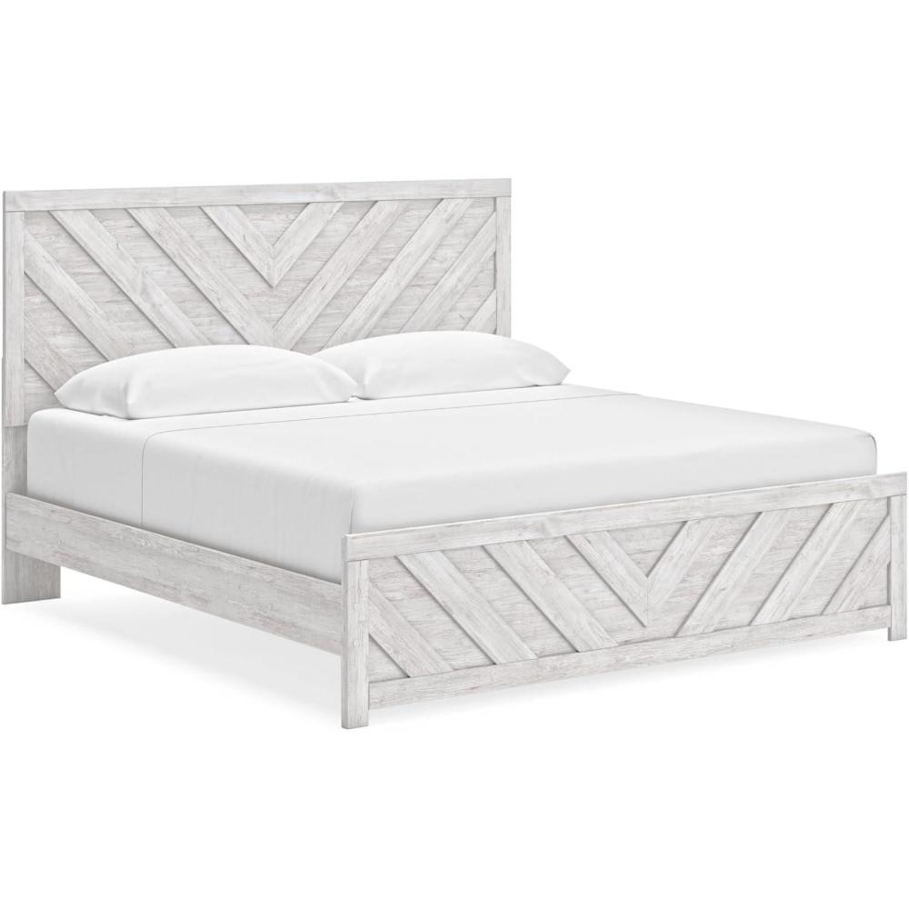 imageSignature Design by Ashley Cayboni Modern 6Drawer Dresser and Mirror with Safety Stop WhitewashKing Panel Bed