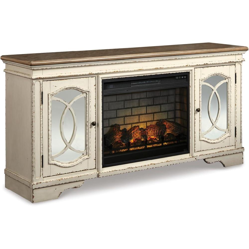 imageSignature Design by Ashley Realyn Vintage Casual TV Stand with Electric Fireplace Heats Larger Rooms Bronze Hardware Wood 74 Wide White amp Brown74 TV Stand with Electric Fireplace