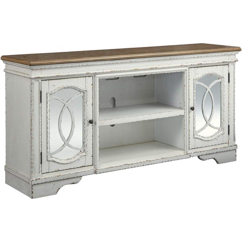 imageSignature Design by Ashley Realyn Vintage Casual TV Stand with Electric Fireplace Heats Larger Rooms Bronze Hardware Wood 74 Wide White amp BrownXL TV Stand
