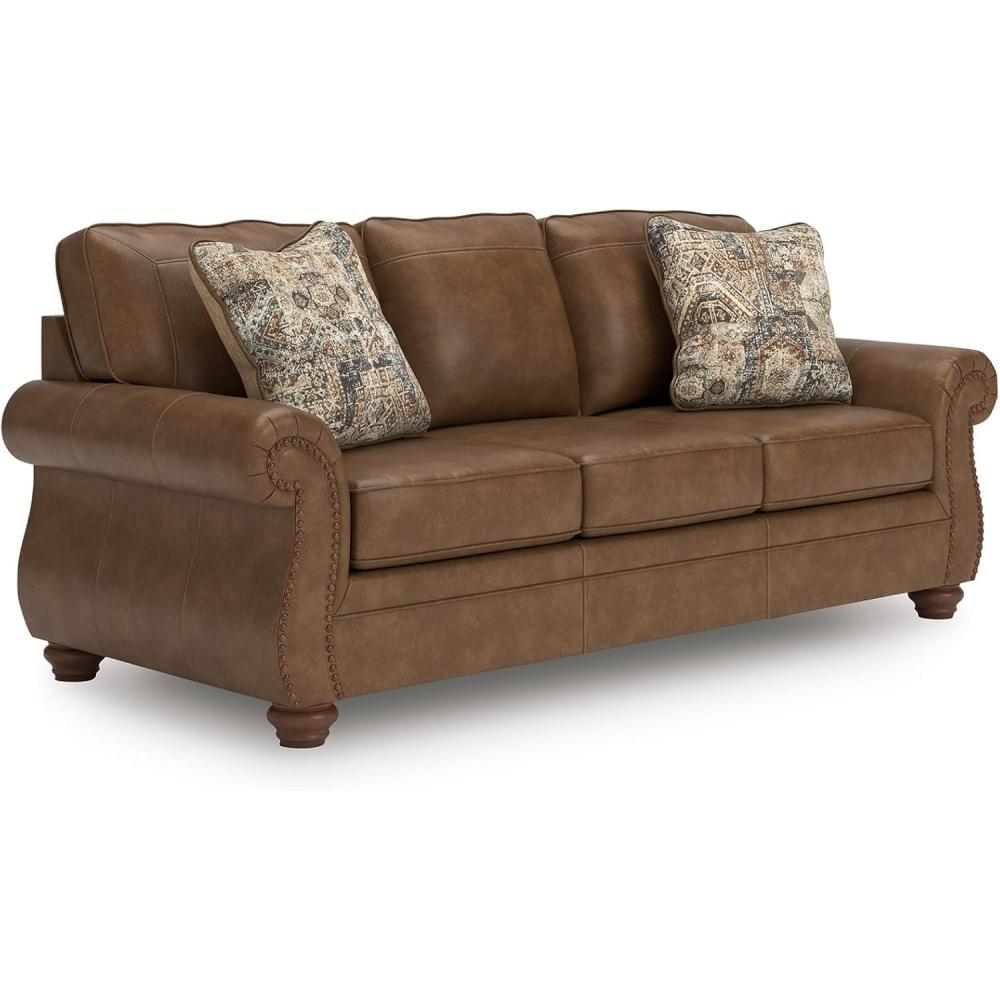 imageSignature Design by Ashley Shadsburne Rustic Faux Leather Sofa Sleeper with BiFold Memory Foam Mattress Nailhead Trim and 2 Throw Pillows Queen BrownBrown