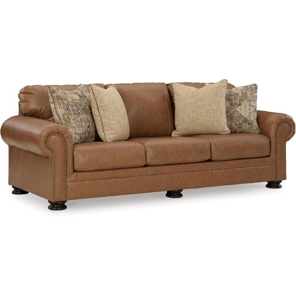 imageSignature Design by Ashley Shadsburne Rustic Faux Leather Sofa Sleeper with BiFold Memory Foam Mattress Nailhead Trim and 2 Throw Pillows Queen BrownDark Brown