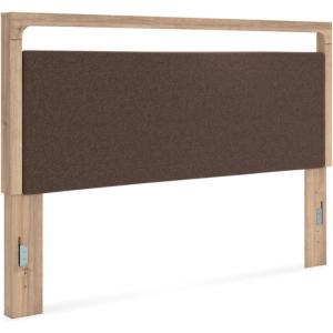 Signature Design by Ashley Prandefort Modern 5-Drawer Chest with Safety Stop, Light Brown(King Upholstered Panel Headboard)