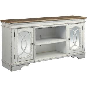 Signature Design by Ashley Realyn Vintage Casual TV Stand with Electric Fireplace, Heats Larger Rooms, Bronze Hardware, Wood, 74″ Wide, White & Brown(XL TV Stand)
