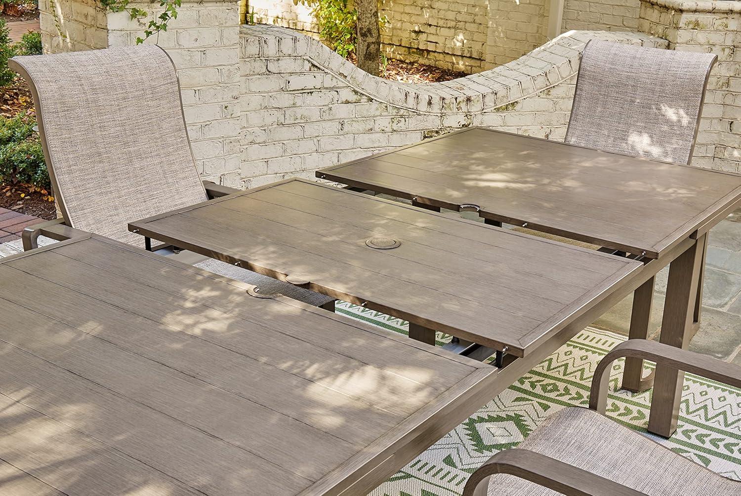 imageSignature Design by Ashley Beach Front Casual Outdoor Stackable Faux Leather Sling Arm Chair Set of 4 Light BrownDining Table