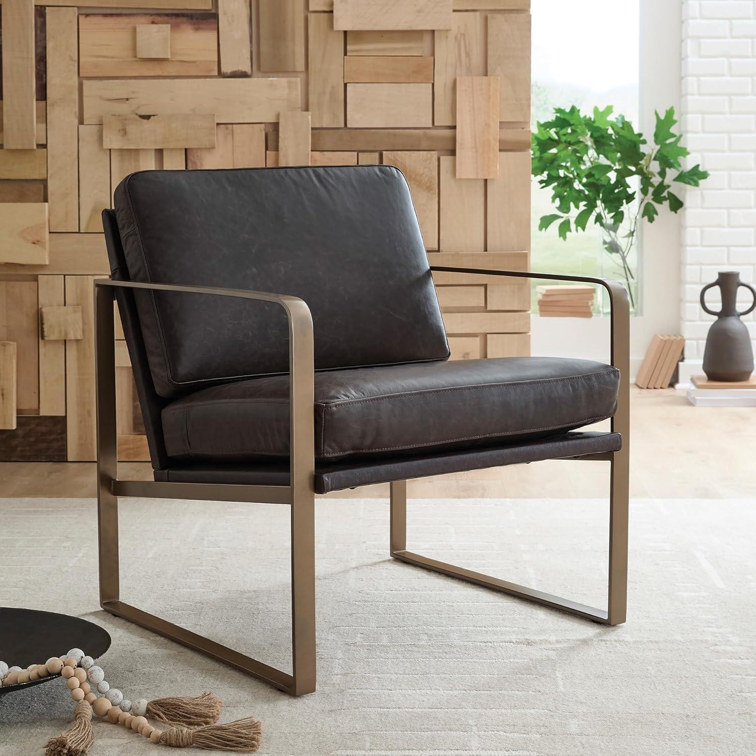 imageSignature Design by Ashley Bradett Modern Leather Accent Chair with Metal Frame Dark Brown amp Metallic