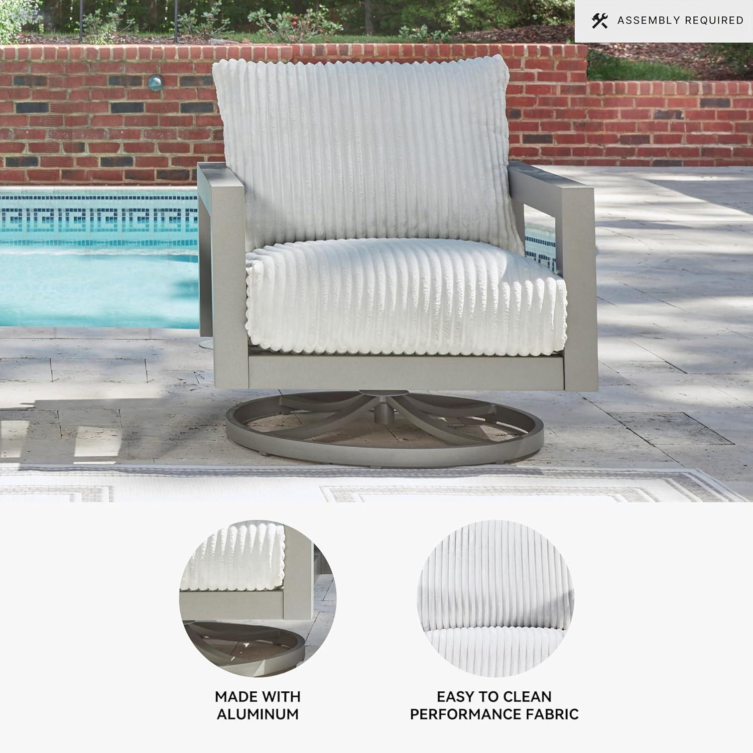 imageSignature Design by Ashley Moonlight View Contemporary Outdoor Fade and Rust Resistant Coffee Table with Stone Tabletop Light GrayOutdoor Swivel Chair with Cushion