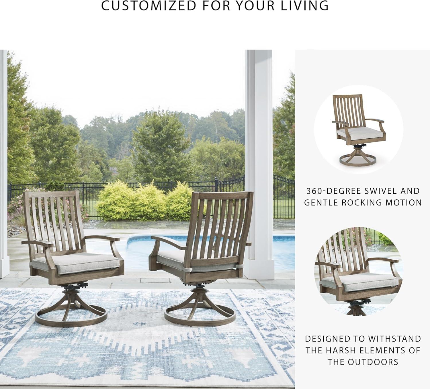 imageSignature Design by Ashley Rainier Ranch Contemporary Nuvella Weather Resistant Fabric Outdoor High Back Rocker Swivel Chair with Cushion Set of 2 Light Brown amp BeigeOutdoor Swivel Chair with Cushion Set of 2