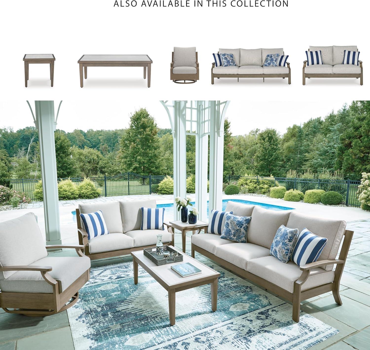 imageSignature Design by Ashley Rainier Ranch Contemporary Nuvella Weather Resistant Fabric Outdoor High Back Rocker Swivel Chair with Cushion Set of 2 Light Brown amp BeigeOutdoor Swivel Glider Chair with Cushion