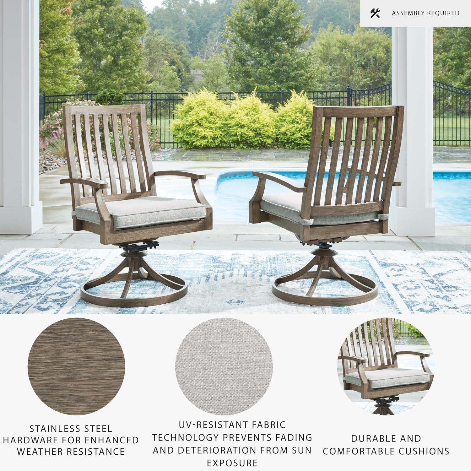 imageSignature Design by Ashley Rainier Ranch Contemporary Nuvella Weather Resistant Fabric Outdoor High Back Rocker Swivel Chair with Cushion Set of 2 Light Brown amp BeigeOutdoor Swivel Chair with Cushion Set of 2