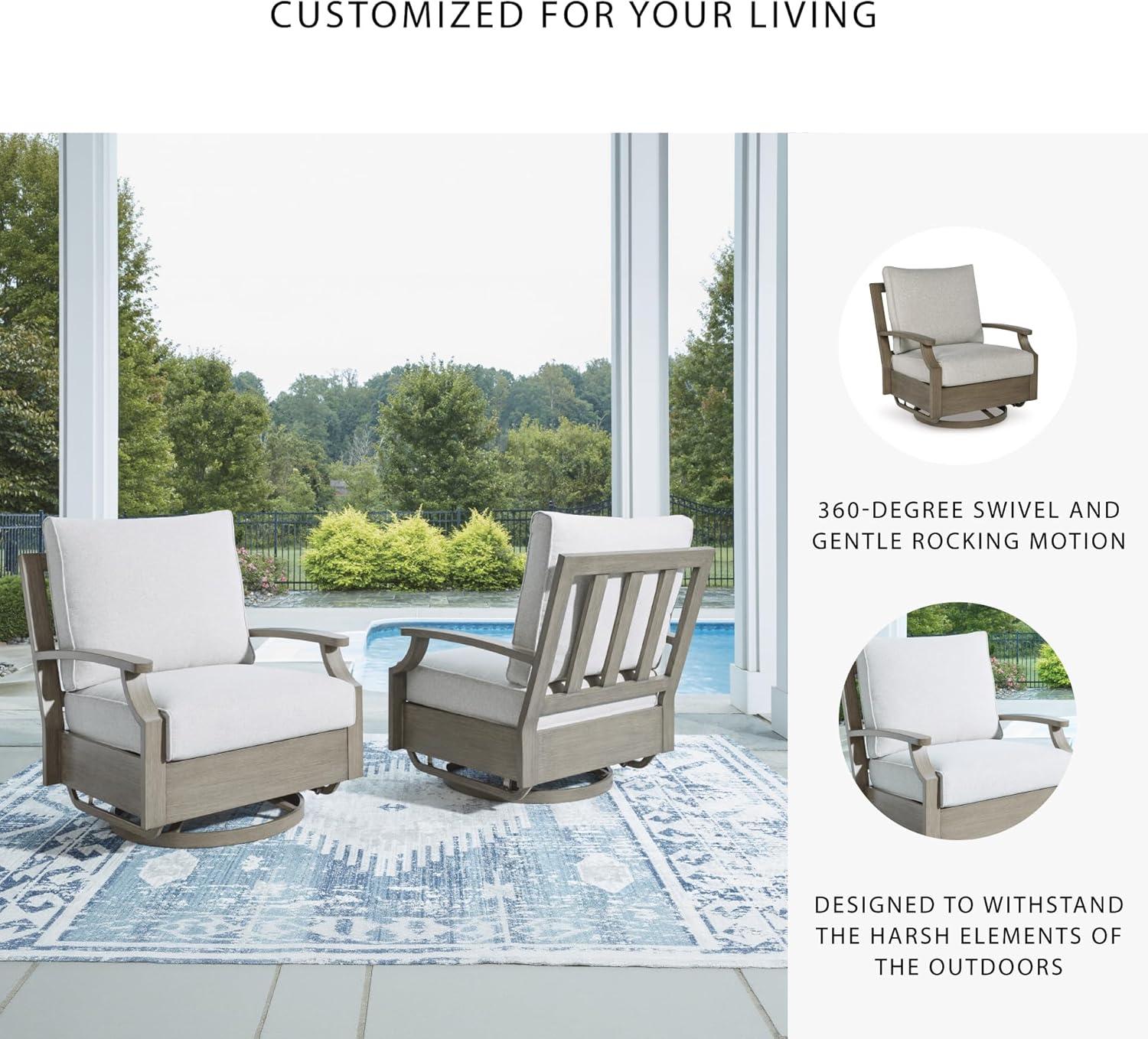 imageSignature Design by Ashley Rainier Ranch Contemporary Nuvella Weather Resistant Fabric Outdoor High Back Rocker Swivel Chair with Cushion Set of 2 Light Brown amp BeigeOutdoor Swivel Glider Chair with Cushion