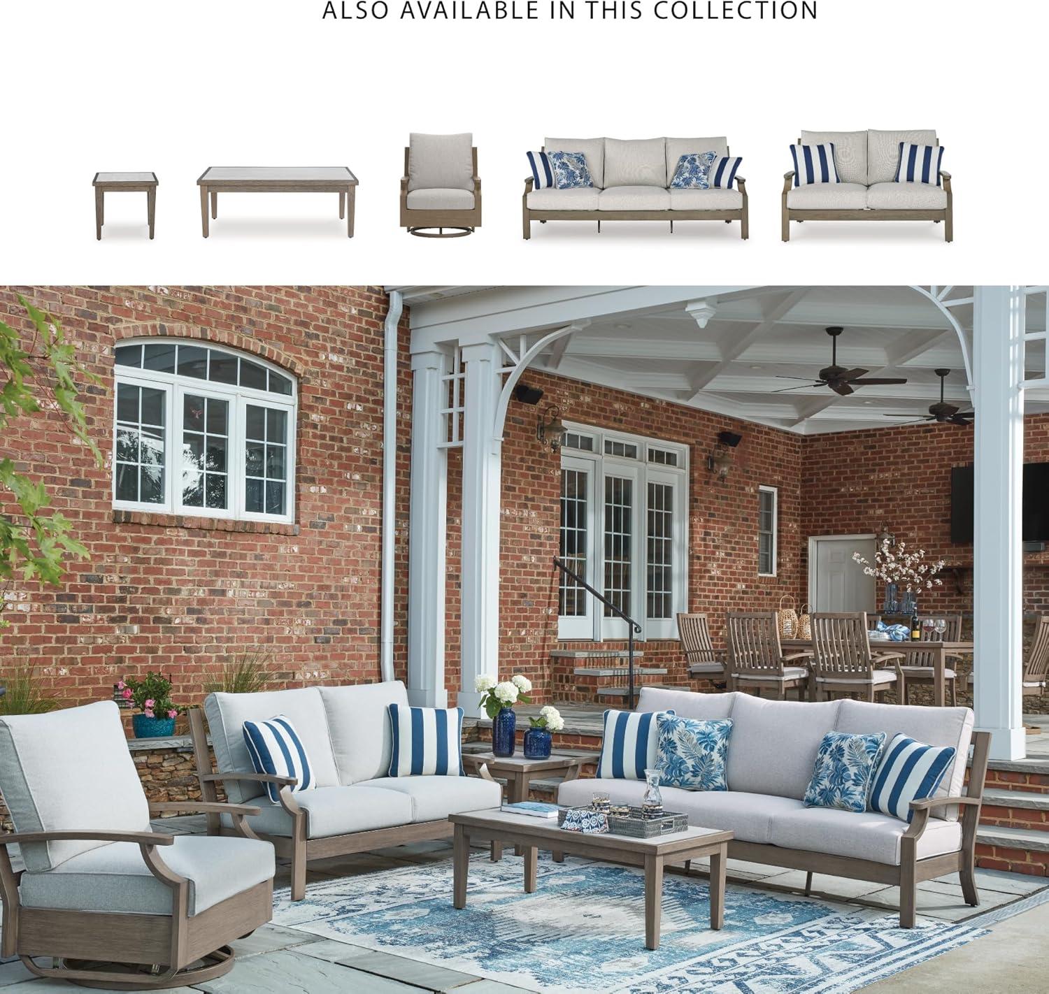 imageSignature Design by Ashley Rainier Ranch Contemporary Nuvella Weather Resistant Fabric Outdoor High Back Rocker Swivel Chair with Cushion Set of 2 Light Brown amp BeigeOutdoor Sofa