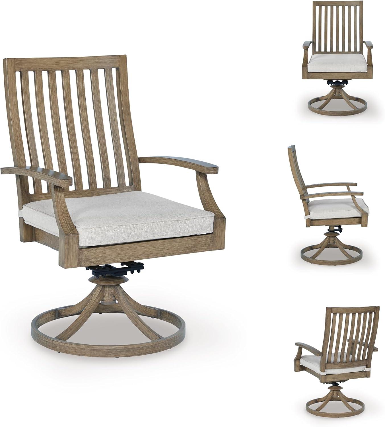 imageSignature Design by Ashley Rainier Ranch Contemporary Nuvella Weather Resistant Fabric Outdoor High Back Rocker Swivel Chair with Cushion Set of 2 Light Brown amp BeigeOutdoor Swivel Chair with Cushion Set of 2