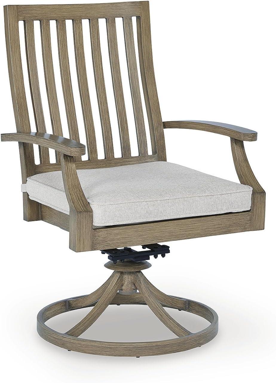 imageSignature Design by Ashley Rainier Ranch Contemporary Nuvella Weather Resistant Fabric Outdoor High Back Rocker Swivel Chair with Cushion Set of 2 Light Brown amp BeigeOutdoor Swivel Chair with Cushion Set of 2