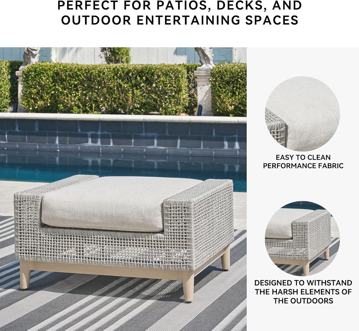 imageSignature Design by Ashley Seton Creek Casual Resin Wicker Outdoor Coffee Table with Tempered Glass Tabletop Light Gray amp Light BrownOutdoor Ottoman with Cushion