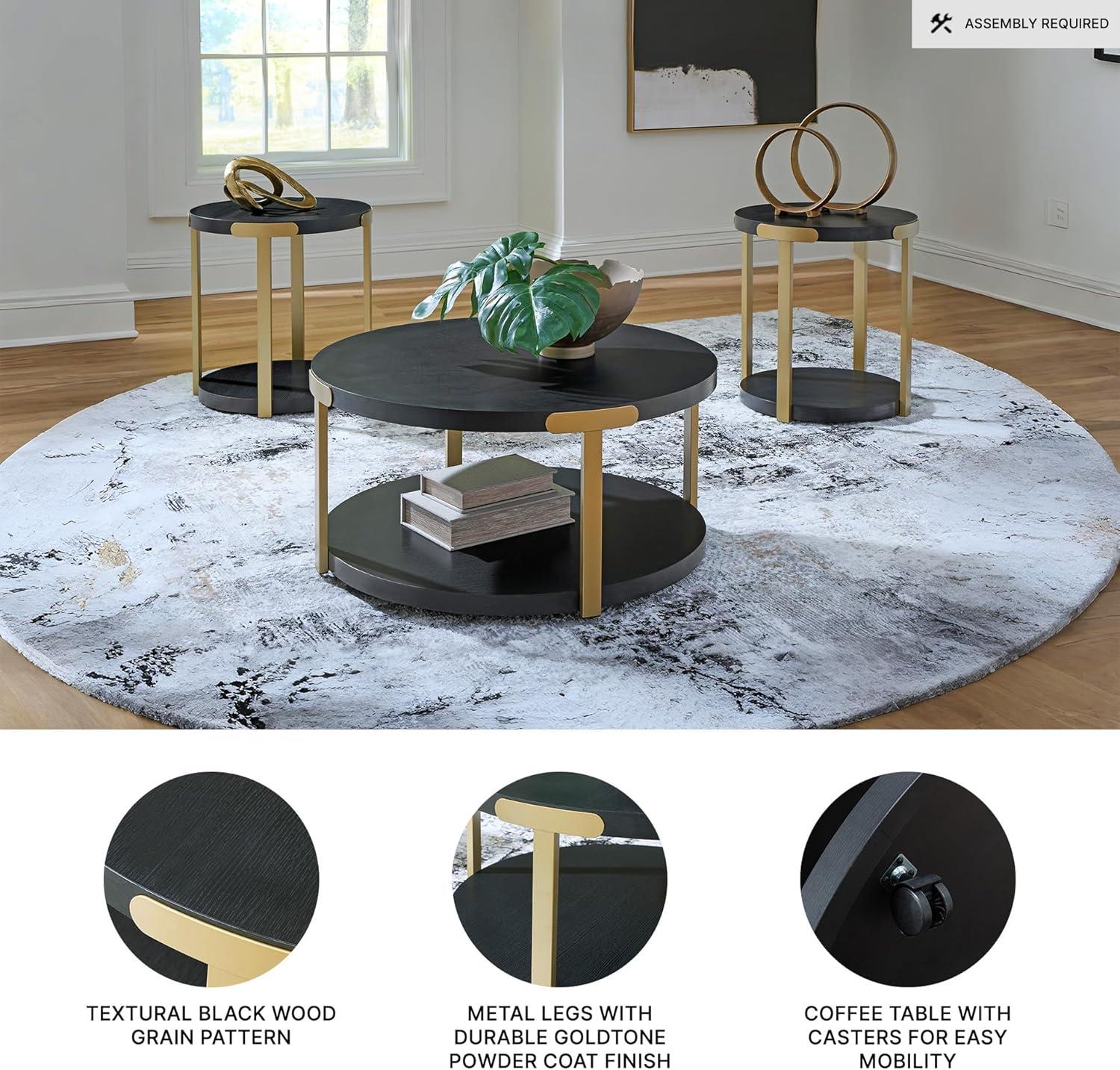 imageSignature Design by Ashley Shylore Contemporary Occasional Table Set Coffee Table and 2 End Tables Wood 3625 W x 3625 D x 1813 H BlackBrass