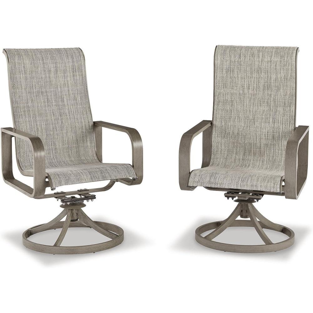 imageSignature Design by Ashley Beach Front Casual Outdoor Stackable Faux Leather Sling Arm Chair Set of 4 Light Brown2 Count Swivel Chairs