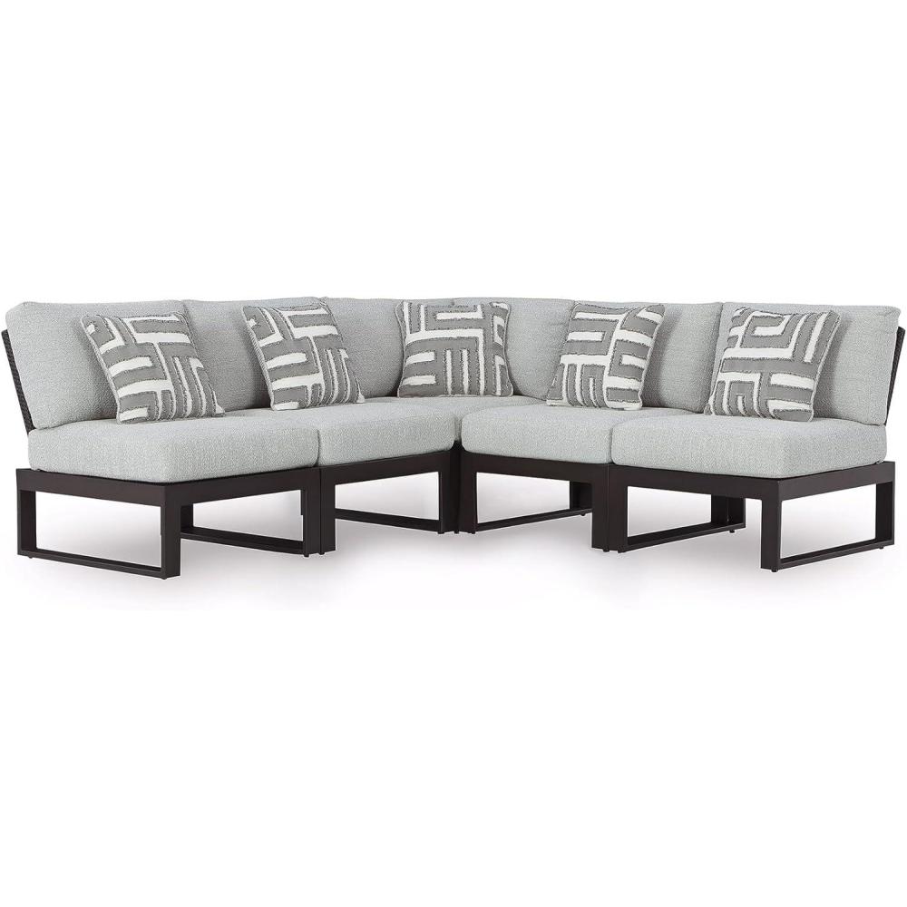 imageSignature Design by Ashley Beachloft Casual Glass Tabletop Outdoor Coffee Table with Sled Base Gray amp Black5Piece Outdoor Sectional