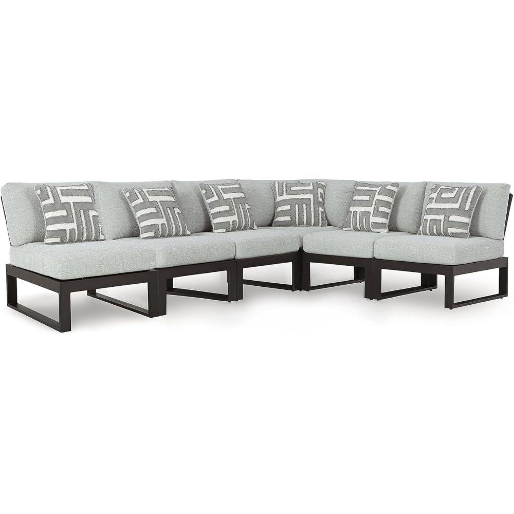 imageSignature Design by Ashley Beachloft Casual Glass Tabletop Outdoor Coffee Table with Sled Base Gray amp Black6Piece Outdoor Sectional