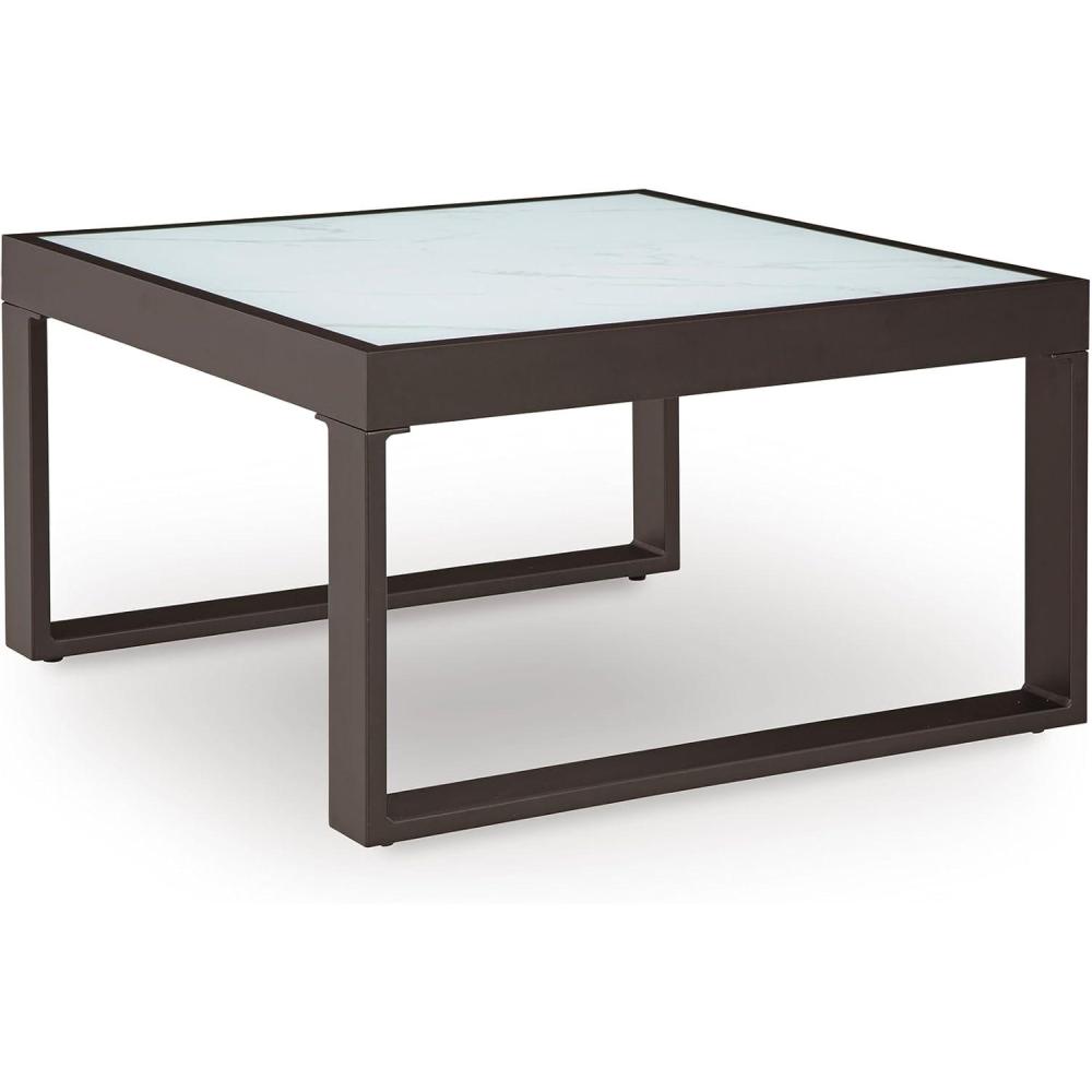 imageSignature Design by Ashley Beachloft Casual Glass Tabletop Outdoor Coffee Table with Sled Base Gray amp BlackCoffee Table