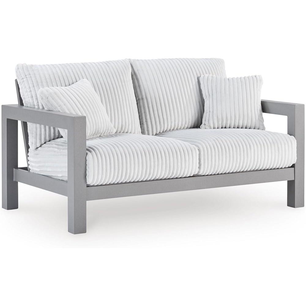 imageSignature Design by Ashley Moonlight View Contemporary Outdoor Fade and Rust Resistant Coffee Table with Stone Tabletop Light GrayOutdoor Loveseat with Cushion