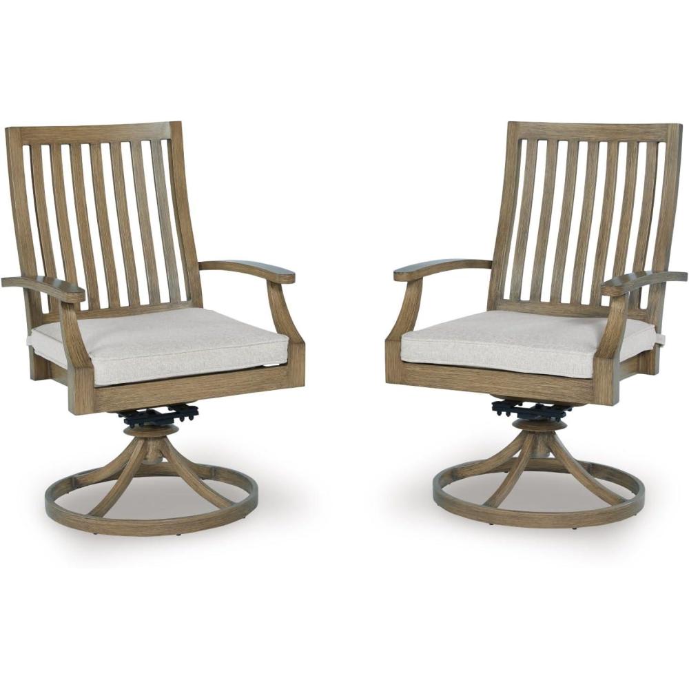 imageSignature Design by Ashley Rainier Ranch Contemporary Nuvella Weather Resistant Fabric Outdoor High Back Rocker Swivel Chair with Cushion Set of 2 Light Brown amp BeigeOutdoor Swivel Chair with Cushion Set of 2