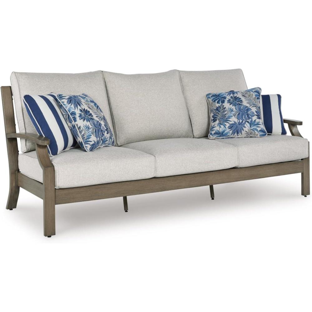imageSignature Design by Ashley Rainier Ranch Contemporary Nuvella Weather Resistant Fabric Outdoor High Back Rocker Swivel Chair with Cushion Set of 2 Light Brown amp BeigeOutdoor Sofa