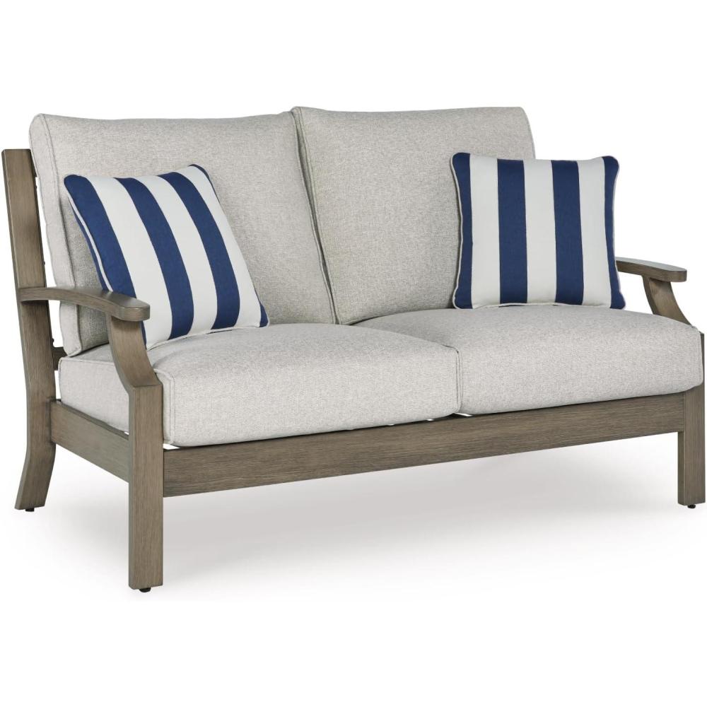 imageSignature Design by Ashley Rainier Ranch Contemporary Nuvella Weather Resistant Fabric Outdoor High Back Rocker Swivel Chair with Cushion Set of 2 Light Brown amp BeigeOutdoor Loveseat
