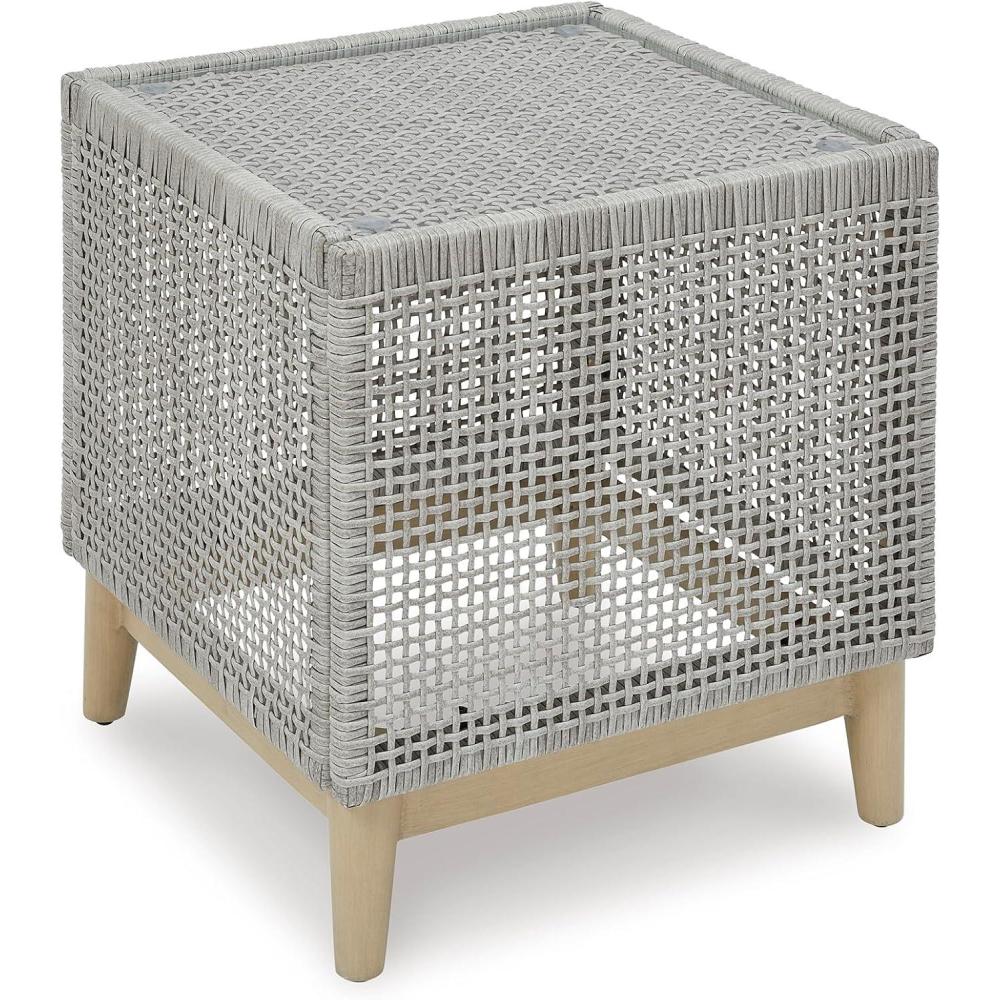 imageSignature Design by Ashley Seton Creek Casual Resin Wicker Outdoor Coffee Table with Tempered Glass Tabletop Light Gray amp Light BrownOutdoor End Table