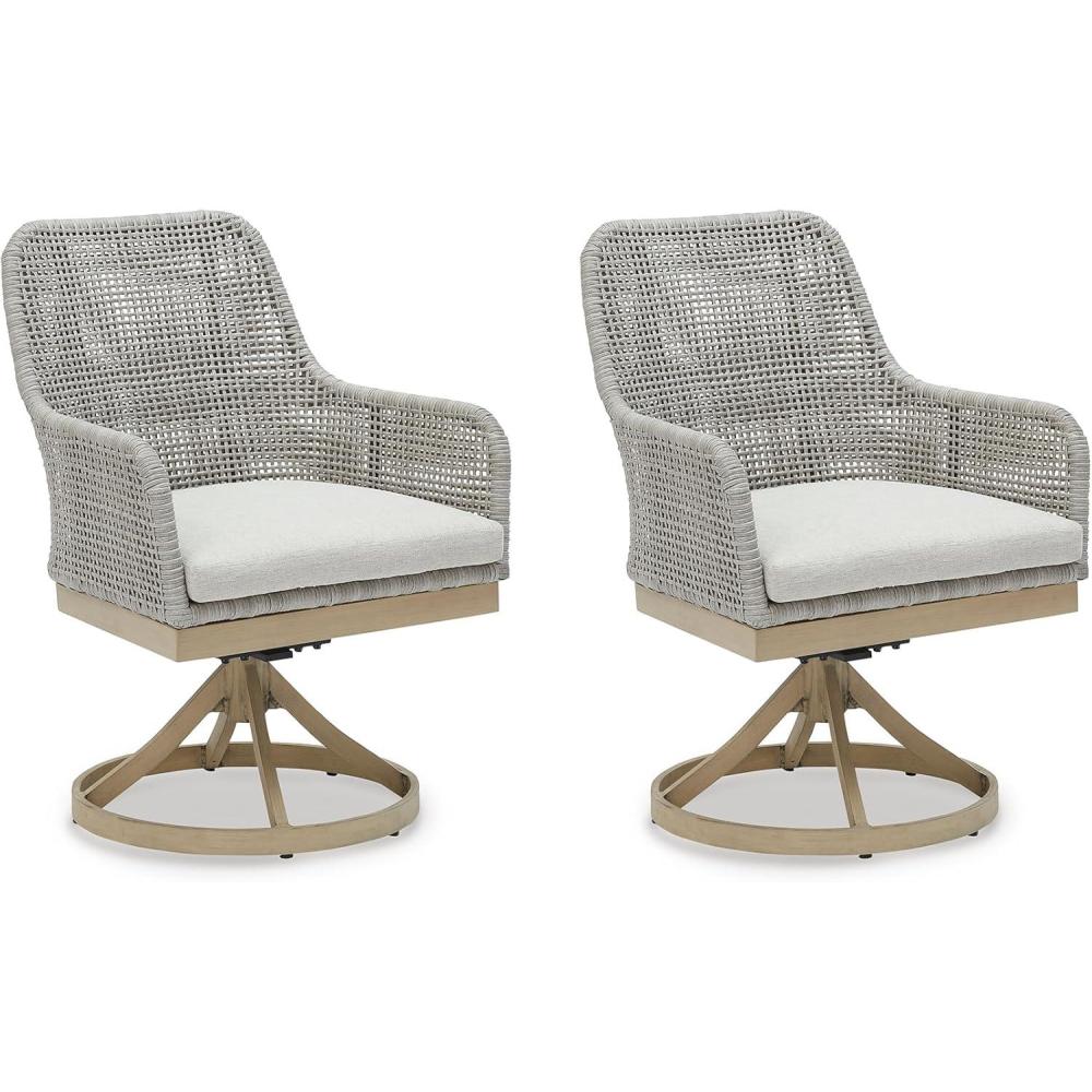 imageSignature Design by Ashley Seton Creek Casual Resin Wicker Outdoor Coffee Table with Tempered Glass Tabletop Light Gray amp Light BrownOutdoor Swivel Chair