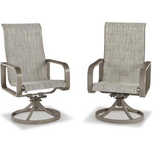 Signature Design by Ashley Beach Front Casual Outdoor Stackable Faux Leather Sling Arm Chair, Set of 4, Light Brown(2 Count Swivel Chairs)
